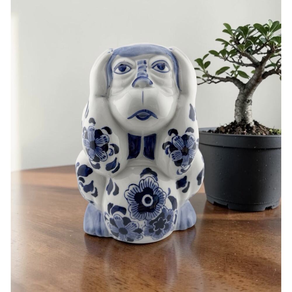 Vintage Blue and White Chinioserie Porcelain "Hear No Evil" Monkey China 8.5 "